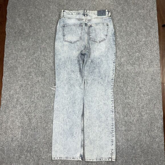 Free People Jeans Womens Size 32  Blue Acid Wash 80's Straight distressed patch - Picture 10 of 12